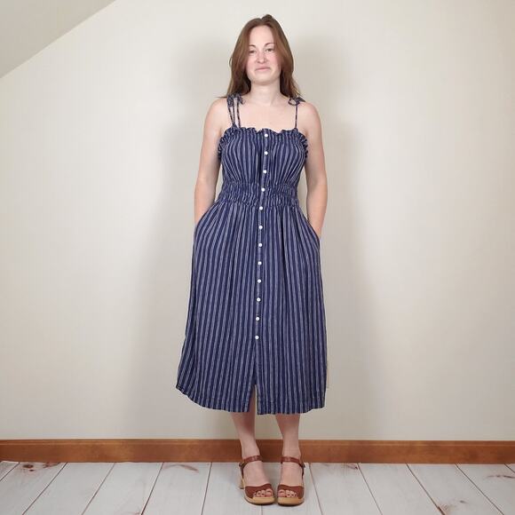 Universal Thread Navy White Striped Smocked Linen Blend Midi Dress W's Large - Picture 2 of 11